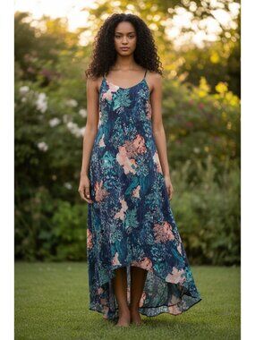 Old Navy Hi Lo Floral Maxi Dress M Tropical Coastal Lined Resort Keyhole Flowy